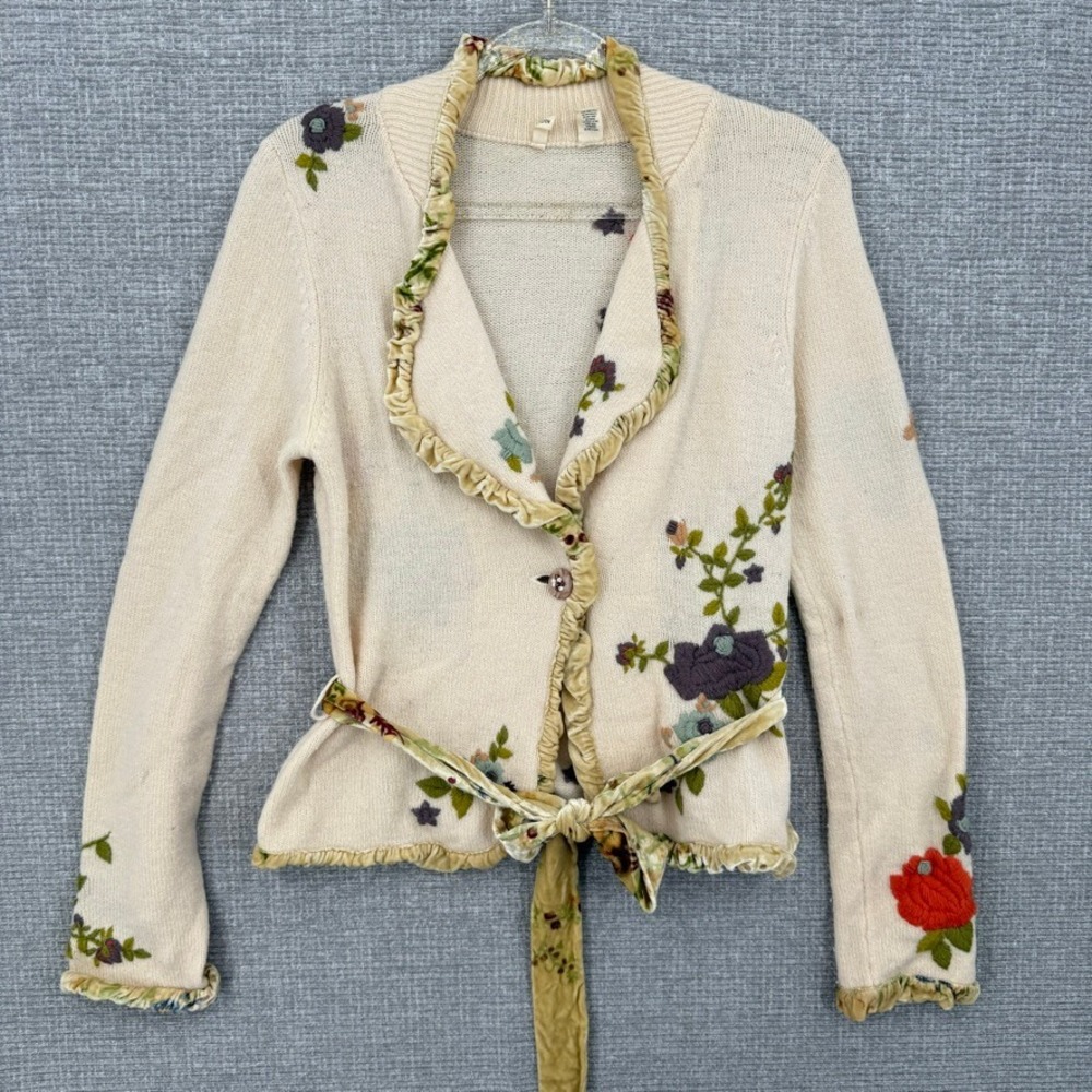 Moth Embroidered Merino Wool Cardigan Sweater Women M Floral Ruffle Velvet Trim
